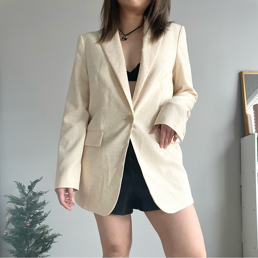Ecru Cream Linen Blazer, Suit Jacket, Women Blazer, Padded shoulder jacket